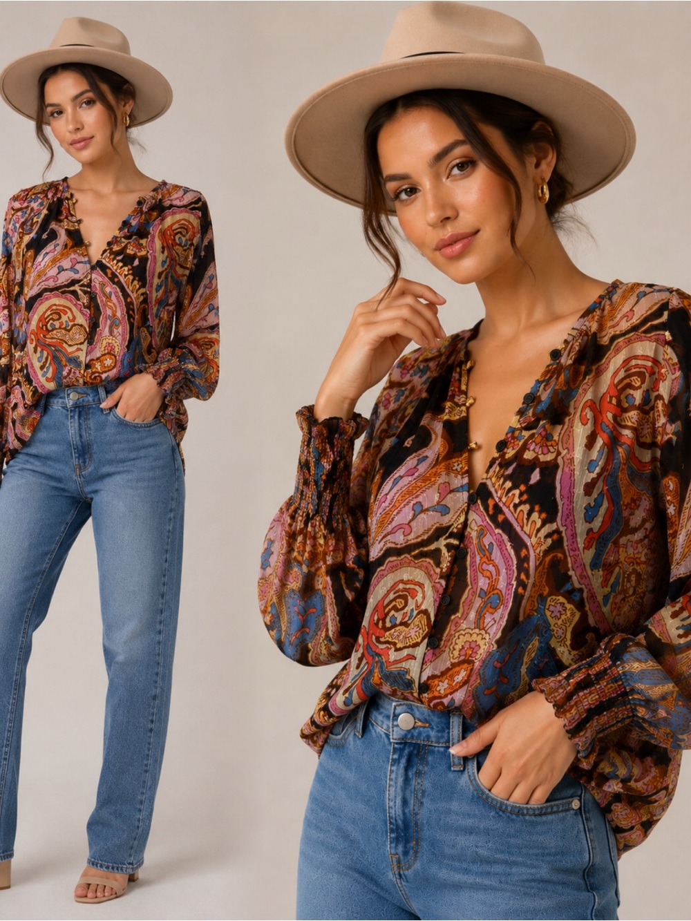 Boho Paisley V-Neck Long-Sleeve Top - Multicolor